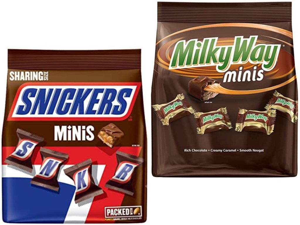 two bags of snickers and milky way individually wrapped chocolate candies