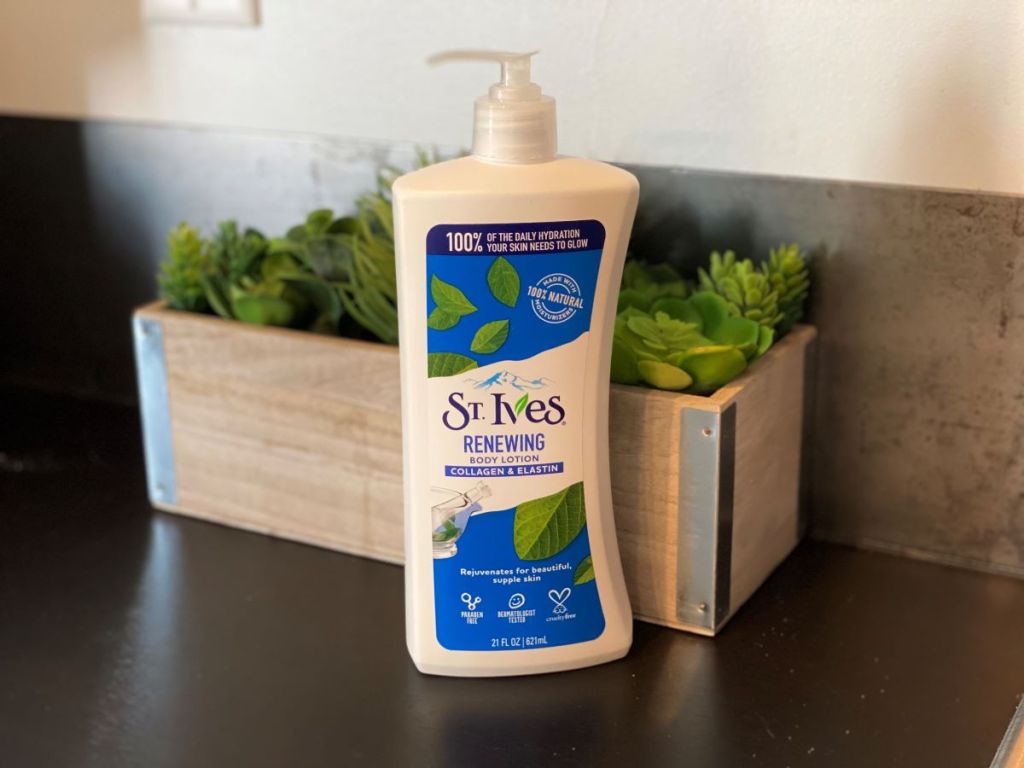 St. Ive's Body Lotion on counter next to container of succulents