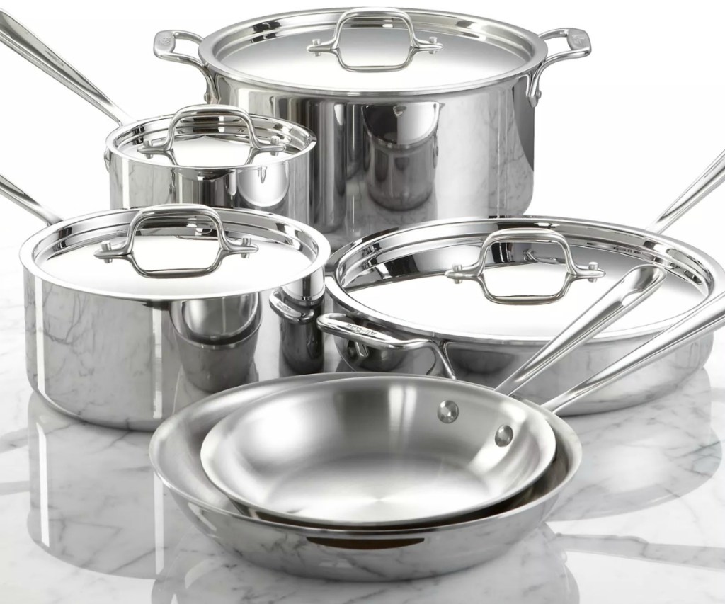 Large set of stainless steel cookware