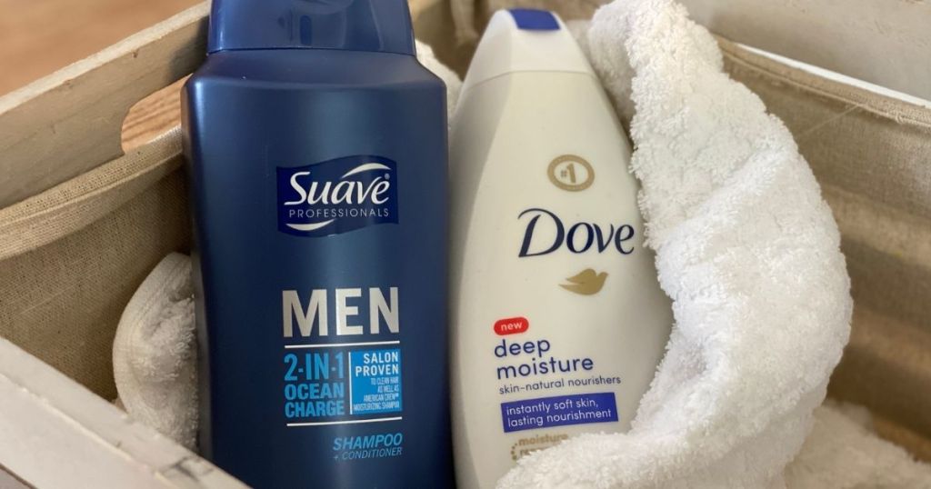 Suave MEN and Dove Body Wash in a basket with a towel