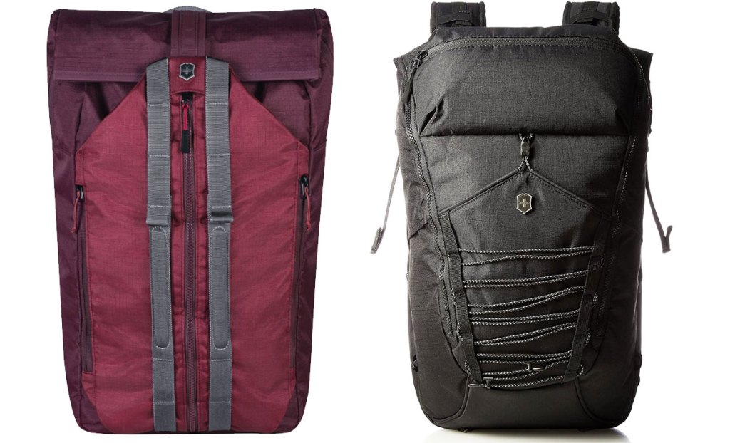 maroon and black colored swiss army brand active backpacks