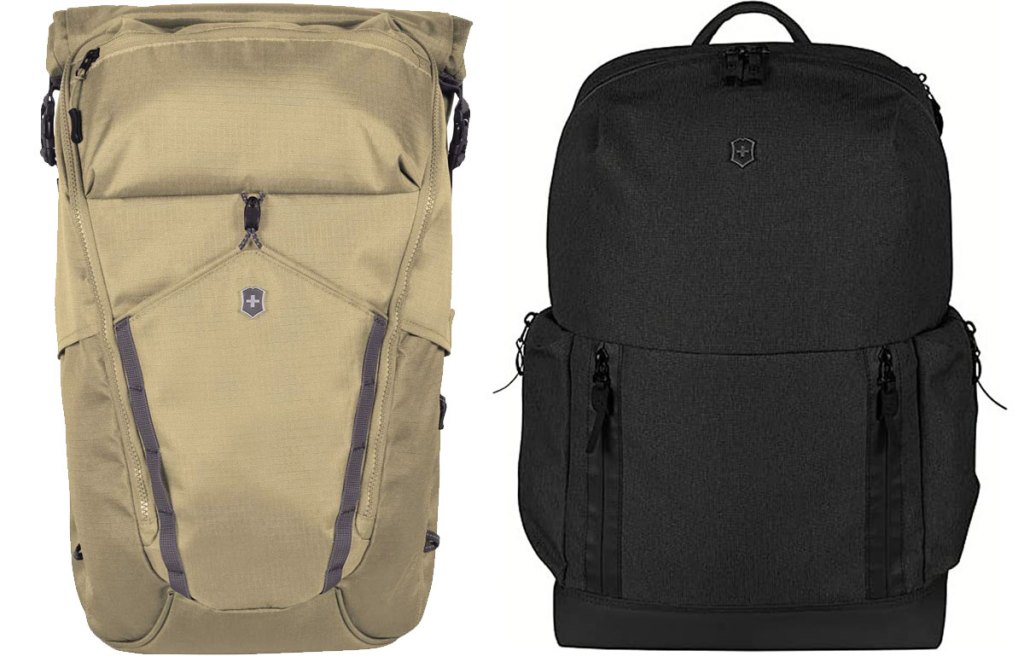 sand and black colored swiss army brand active backpacks