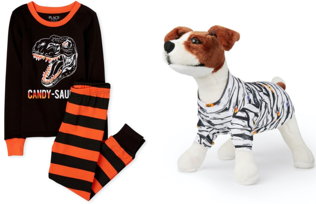 kids dinosaur candy pajamas and toy dog in mummy pajamas