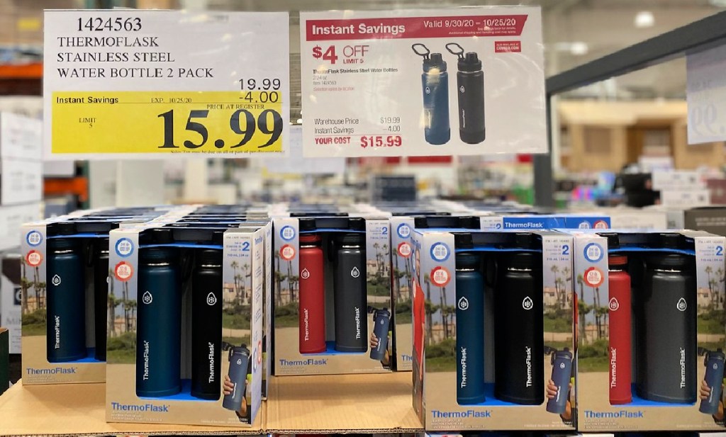 ThermoFlask 24oz Stainless Steel Insulated Water Bottle with Spout Lid, 2-pack on shelf at costco