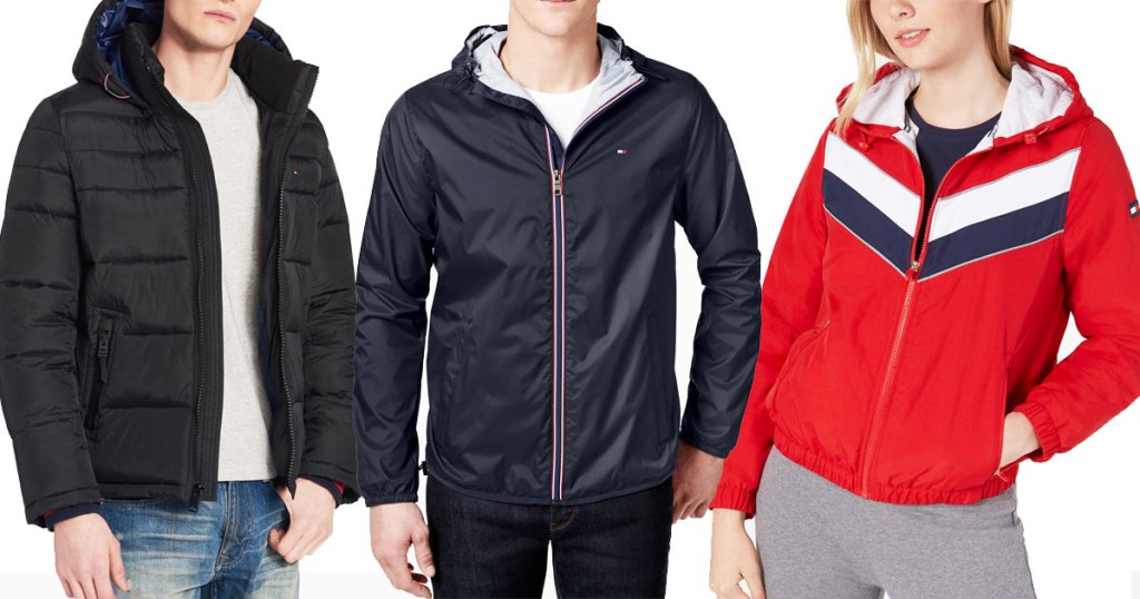 two men and one woman wearing tommy hilfiger jackets in black, navy blue, and red colors