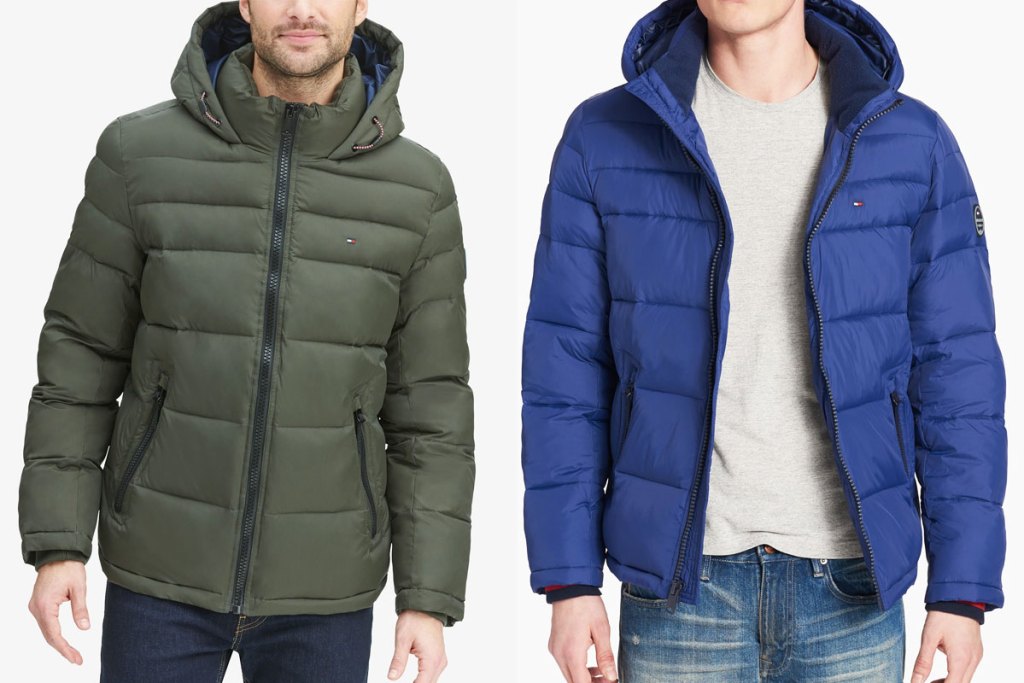 two men wearing quilted puffer jackets in olive green and blue colors