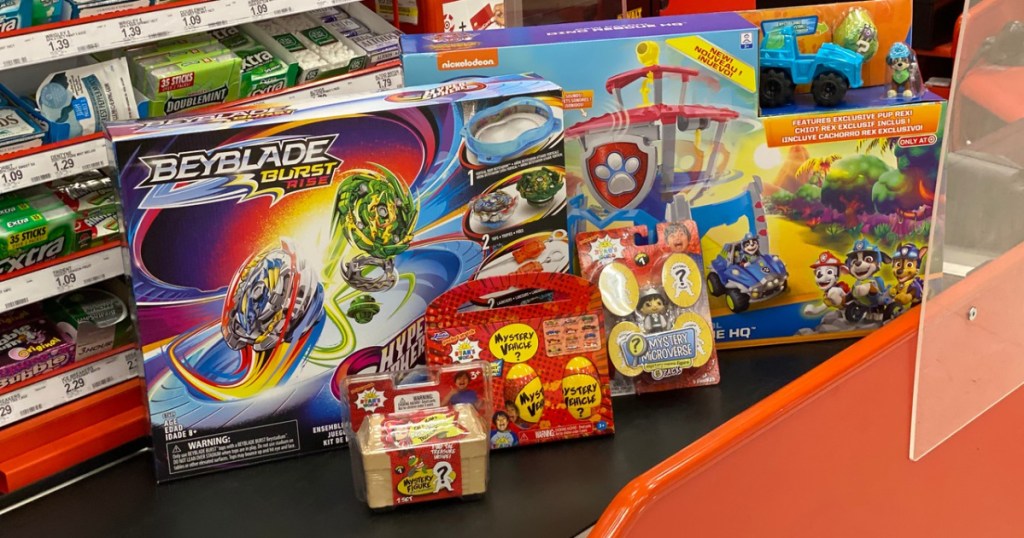 store checkout lane with boxes of toys