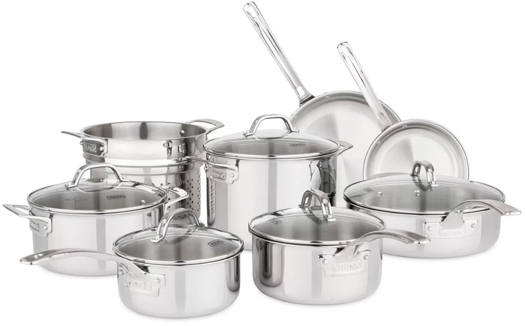 stainless steel 13 piece cookware set with pots, frying pans, and glass lids