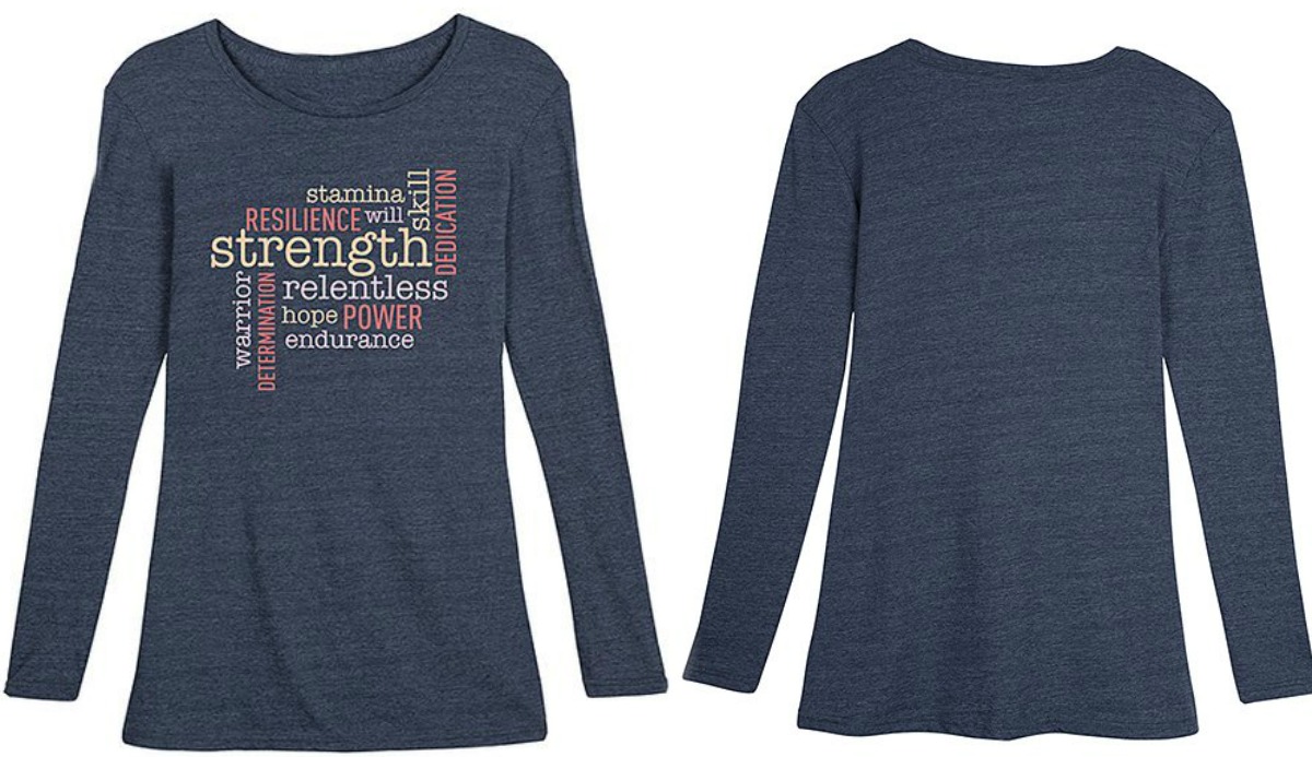 Front and back view of a woman's long sleeve tee