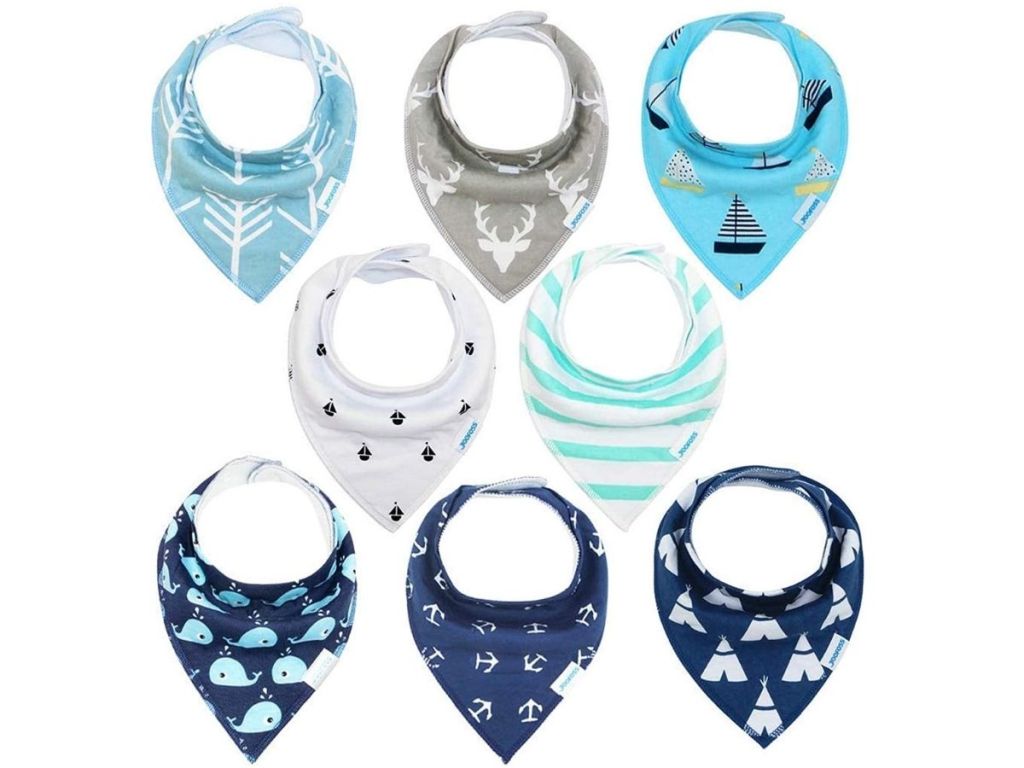 eight bandana bibs with different designs