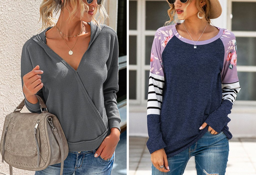 two women modeling a grey waffle knit tee and blue long sleeve shirt with color block floral and strips down the sleeves