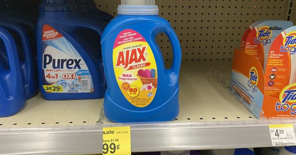 bottle of ajax laundry detergent on a store shelf