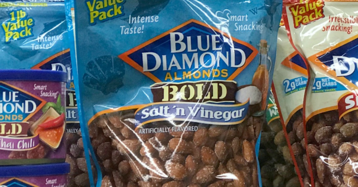 bags of blue diamond flavored almonds on a store shelf
