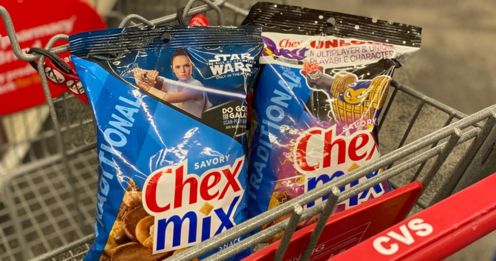 grocery cart with 2 snack size bags of Chex Mix in it