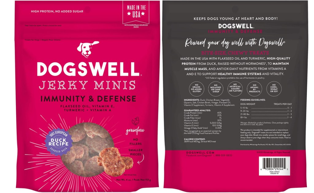dogswell treats in bag front and back