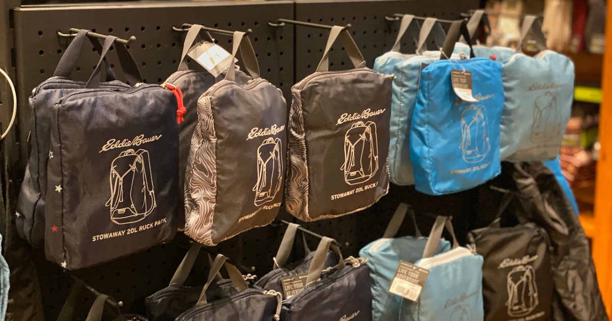 store display with backpacks