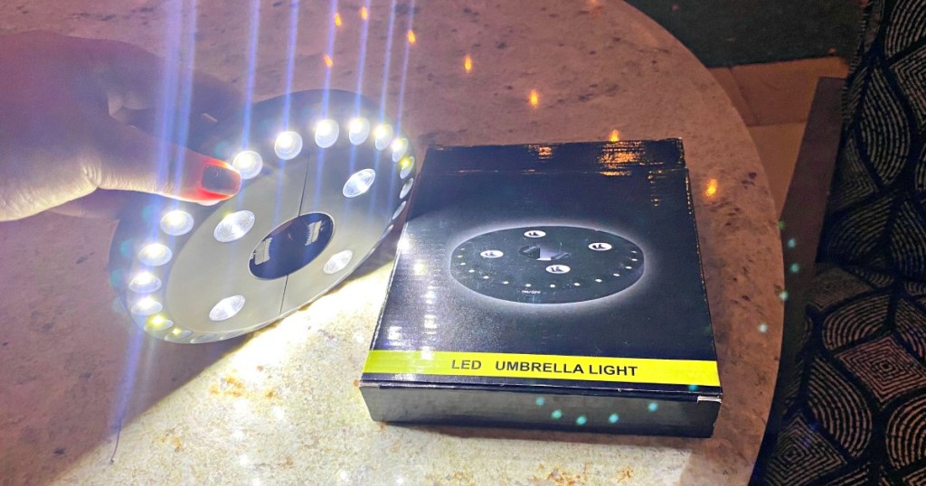 holding an LED umbrella light out of box