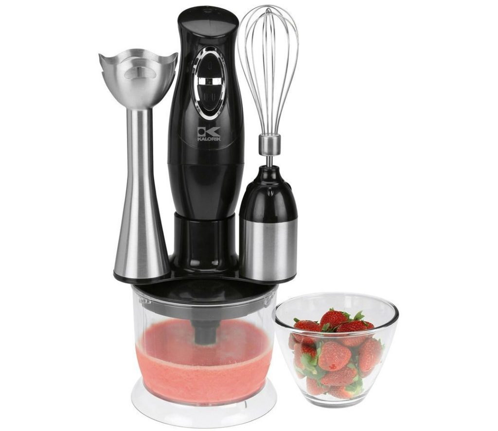 kalorik hand mixer smoothie with cup of strawberries