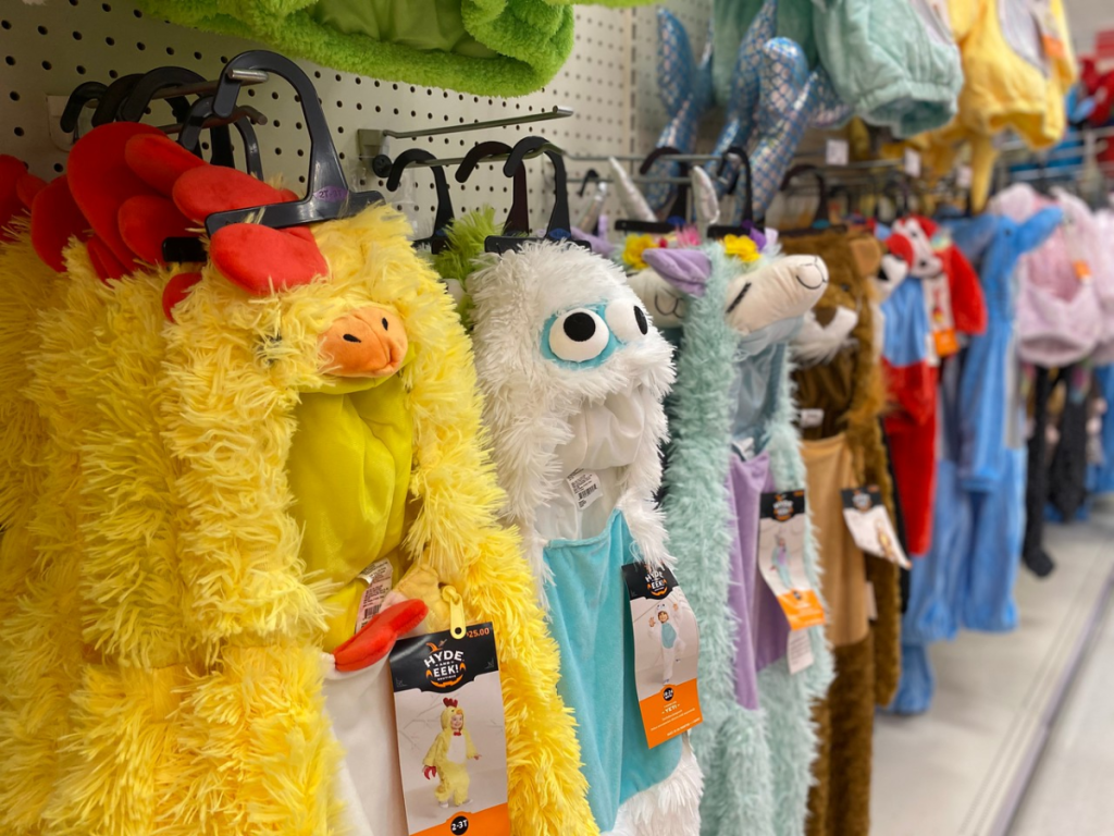 colorful display of Halloween costumes in store