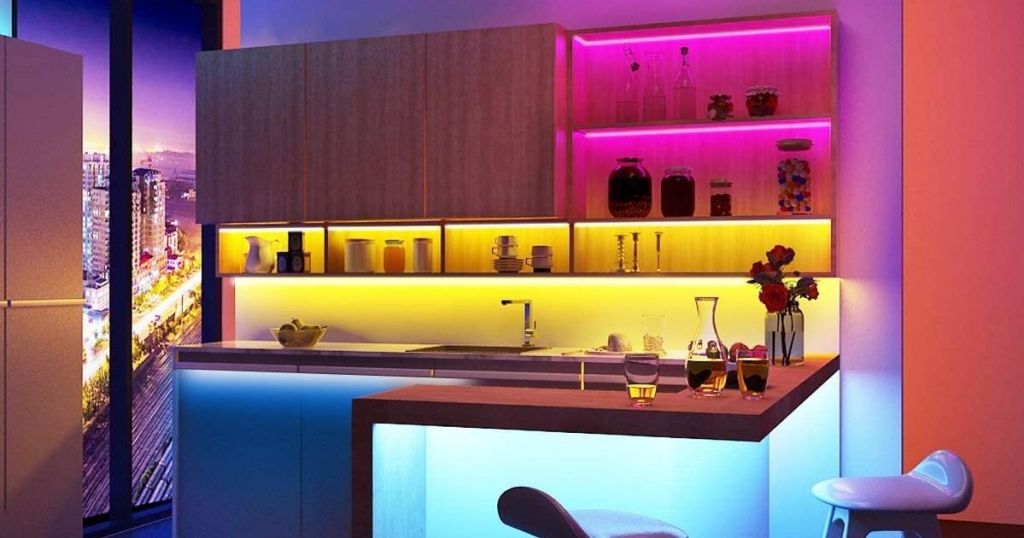 pink yellow and blue lighting in kitchen