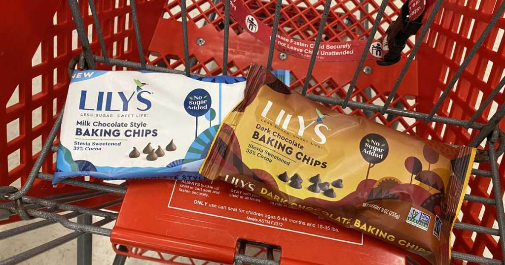 bags of lilys baking chips in a target cart