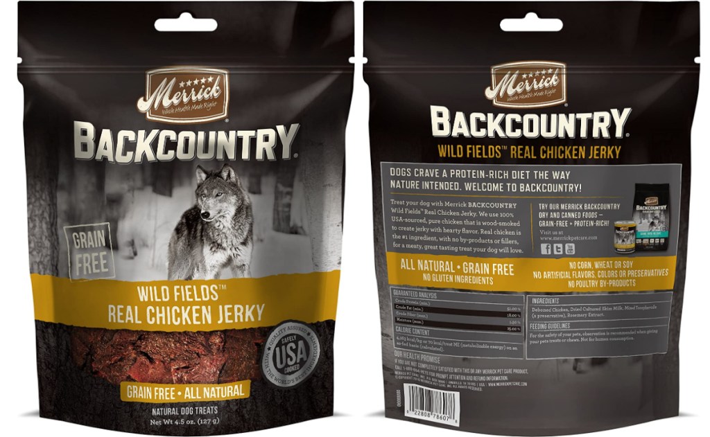 merrick backcountry dog treats in a bag front and back