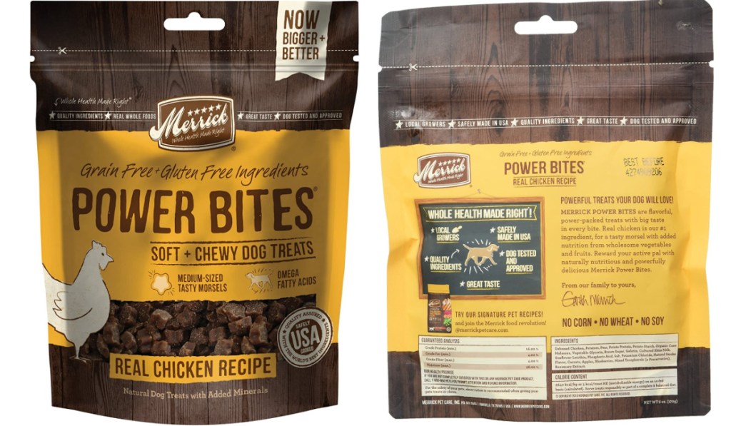 merrick power bites dog treats in bag back and front