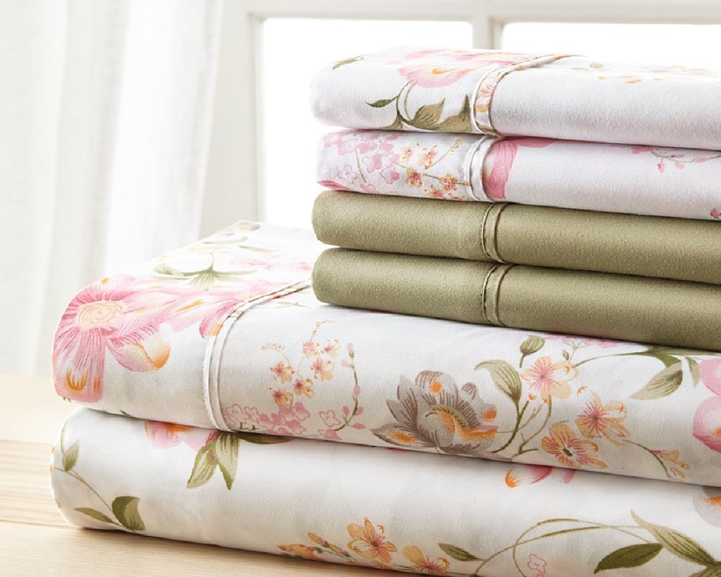 pink floral sheet sets stacked