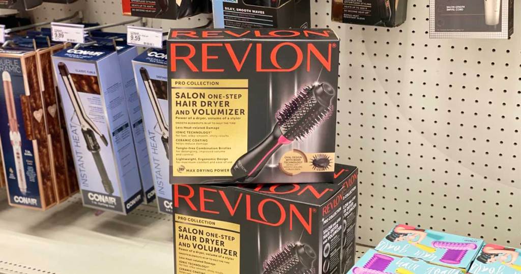 boxes of hair dryers on display in store