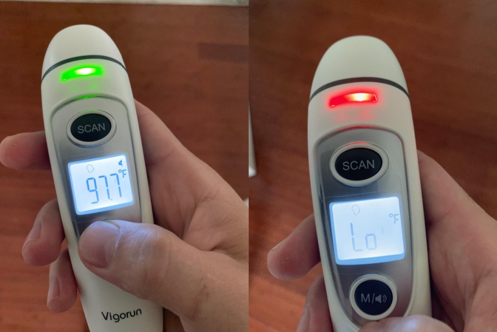 vigorun thermometer side by side in hand with red and green light indicator