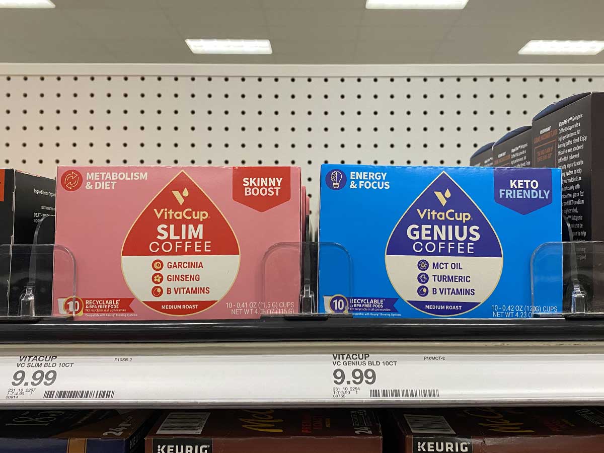 boxes of vitacup k-cups on a store shelf