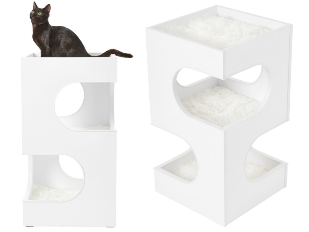 white cat tree with cat on top