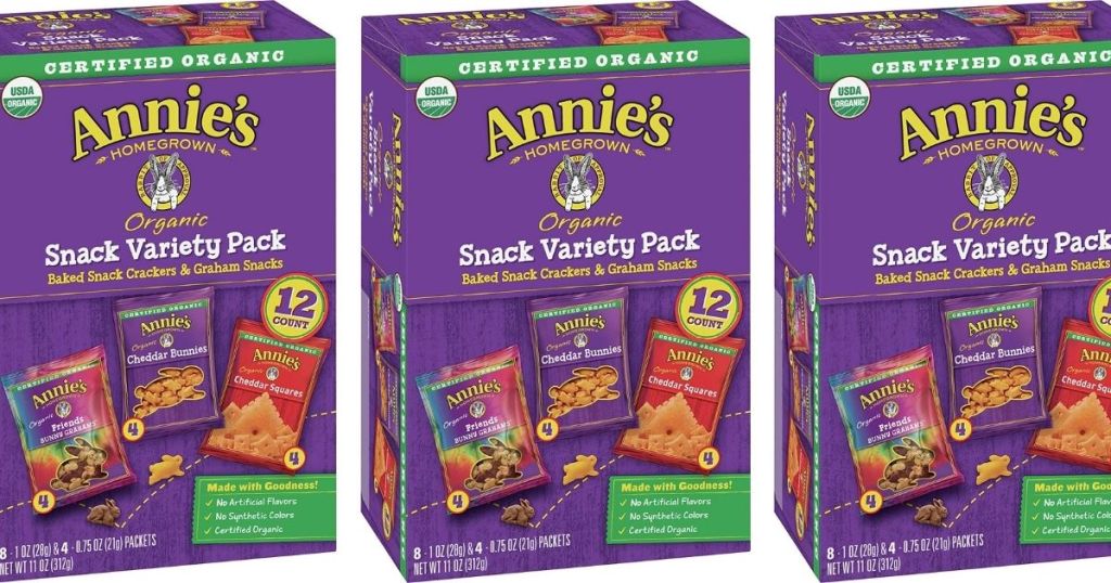 three boxes of Annie's Snack Variety Pack