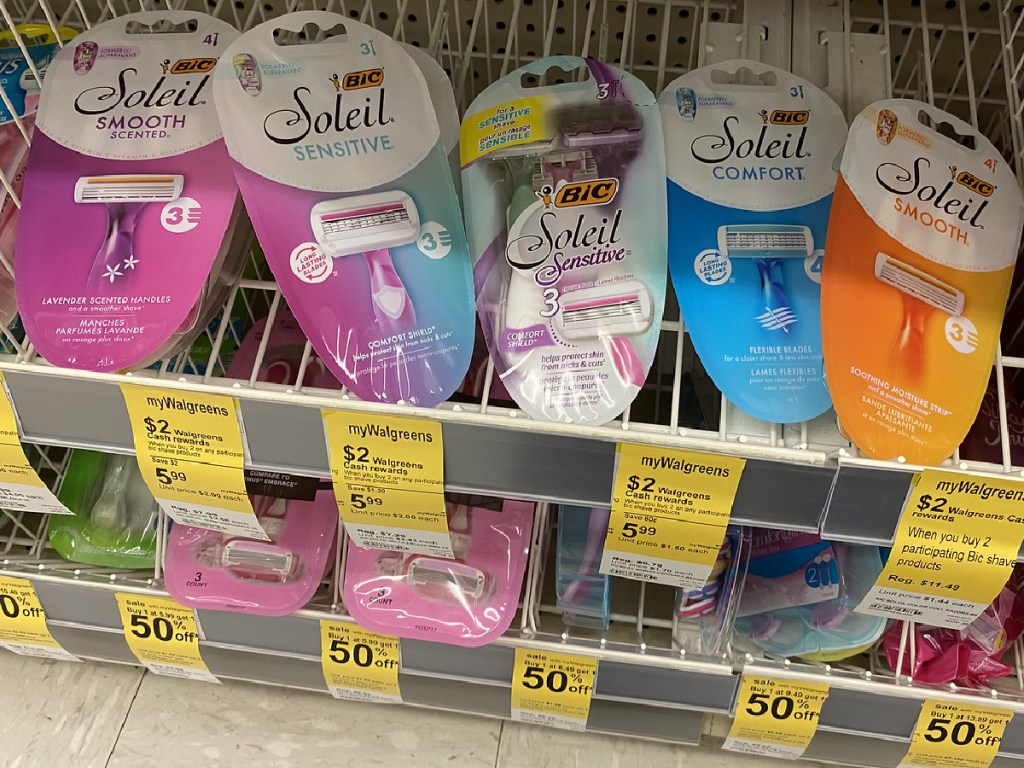 disposable razor packs on store shelf