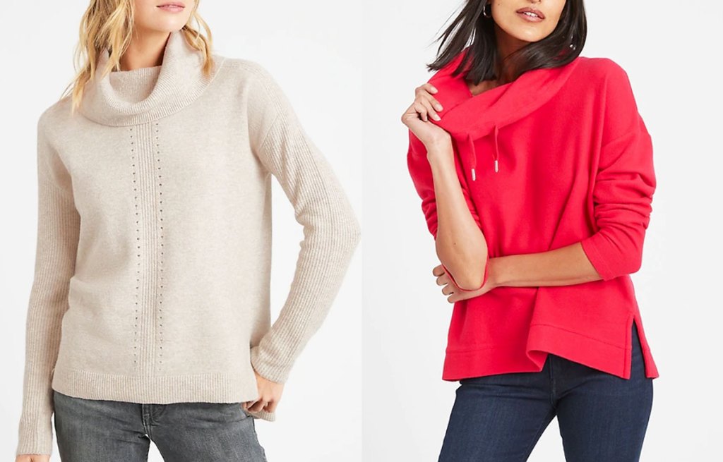two women modeling sweaters in cream color and bright red