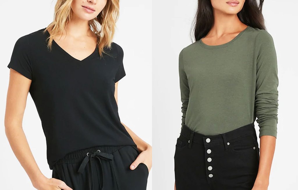 two women modeling a black long sleeve tee and olive green long sleeve tee