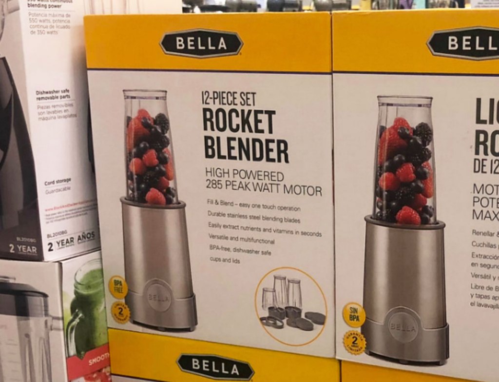 silver rocket blenders in white and yellow boxes on display at macy's