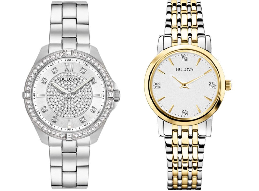 a silver women's watch with crystals on watch face and a silver and gold tone watch with white watch face