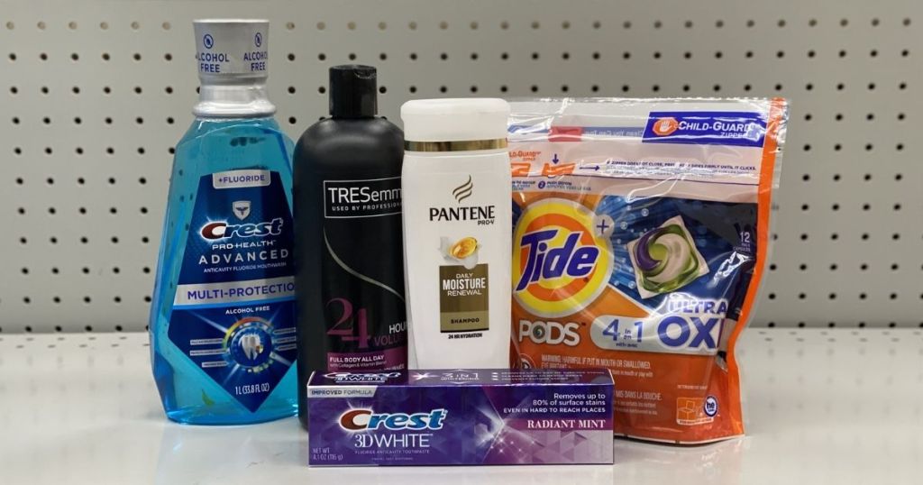 shampoo, toothpaste, mouthwash and pack of Tide pods