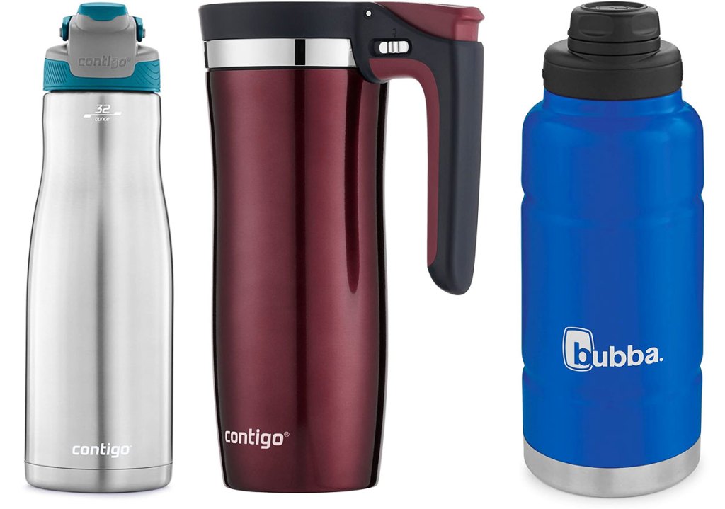 stainless steel water bottle, maroon colored travel mug, and large blue water bottle