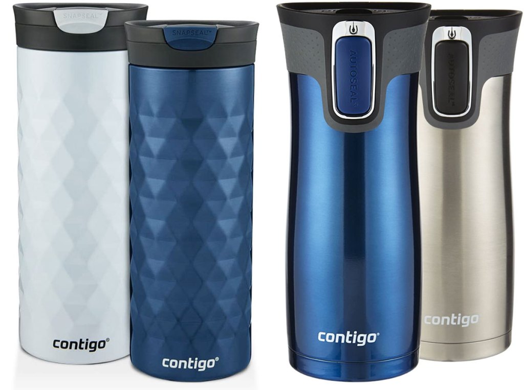 textured white and blue travel mug 2-pack and blue and silver travel mug 2-pack