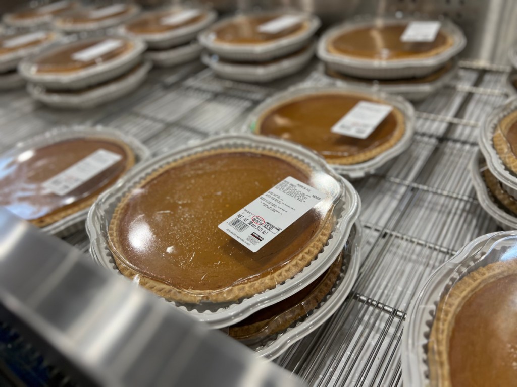 Pumpkin pies at Costco inside refrigerated case