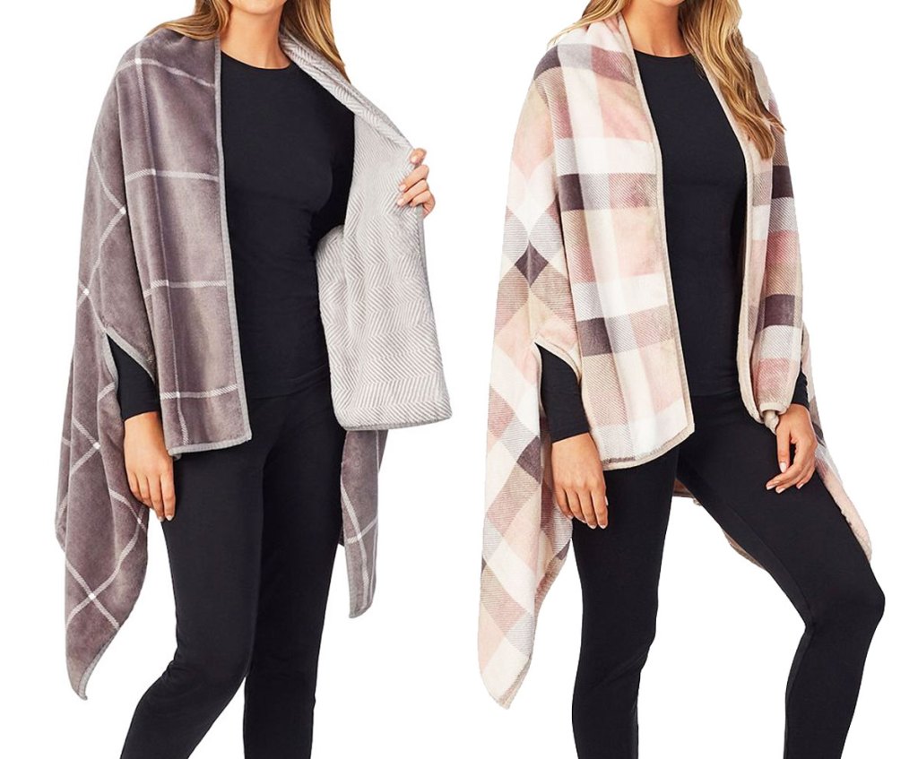 two women modeling blanket wraps with arm holes in plaid prints