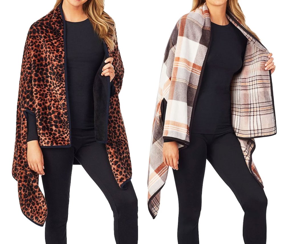 two women modeling blanket wraps with arm holes in cheetah print and brown, black, and white plaid print