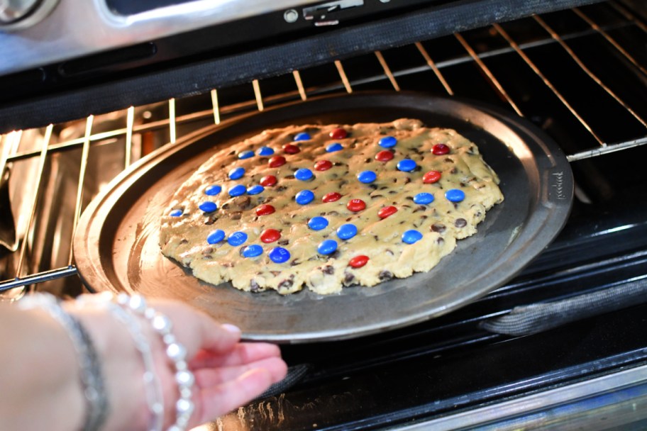 4th of july giant chocolate chip cookie cake in the oven 