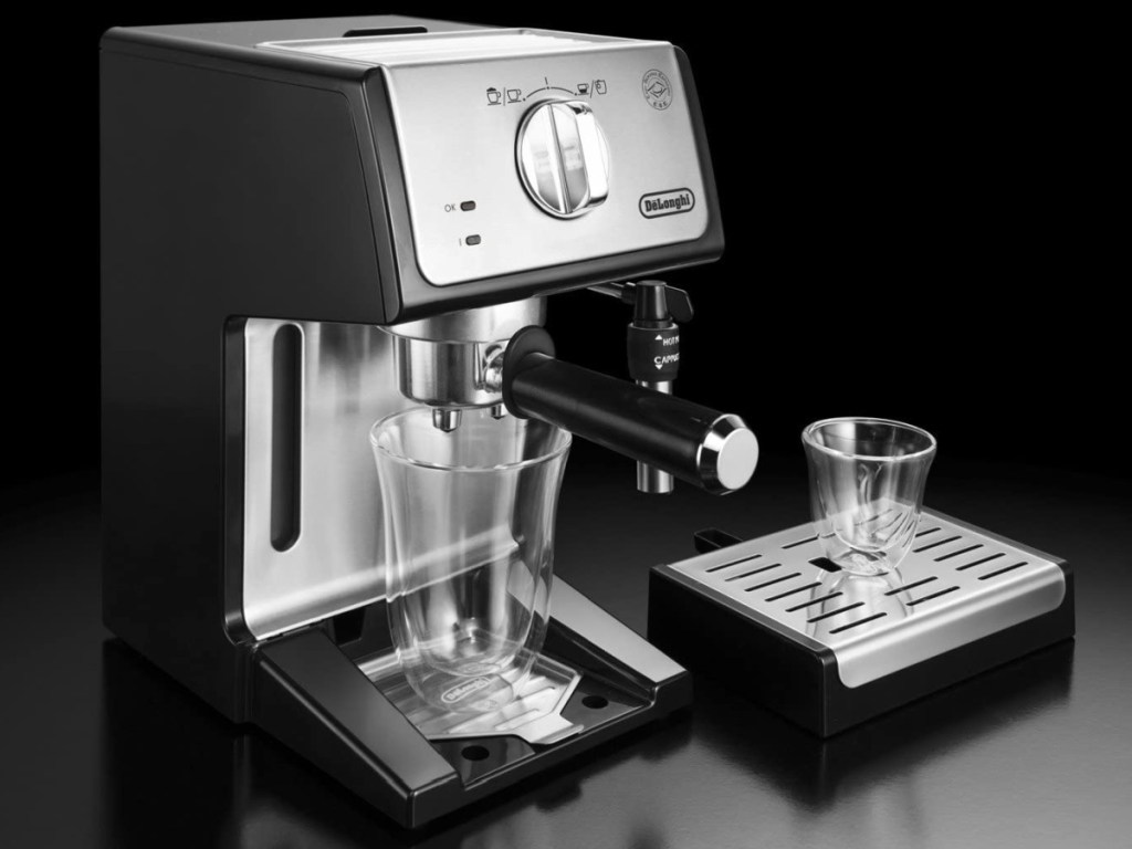 stainless steel espresso machine with two cups
