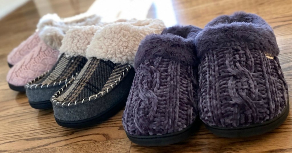 Dearfoams pink, plaid and purple slippers