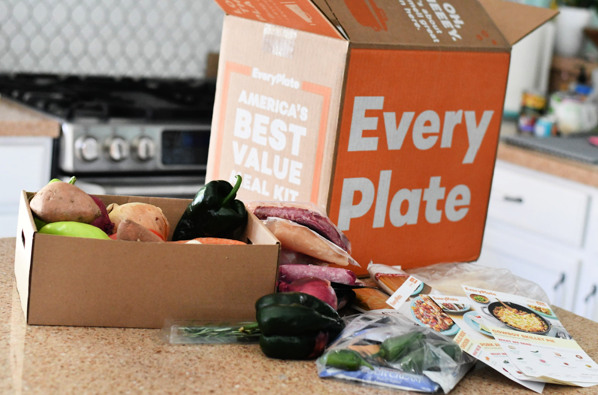 EveryPlate box with groceries on countertop in kitchen