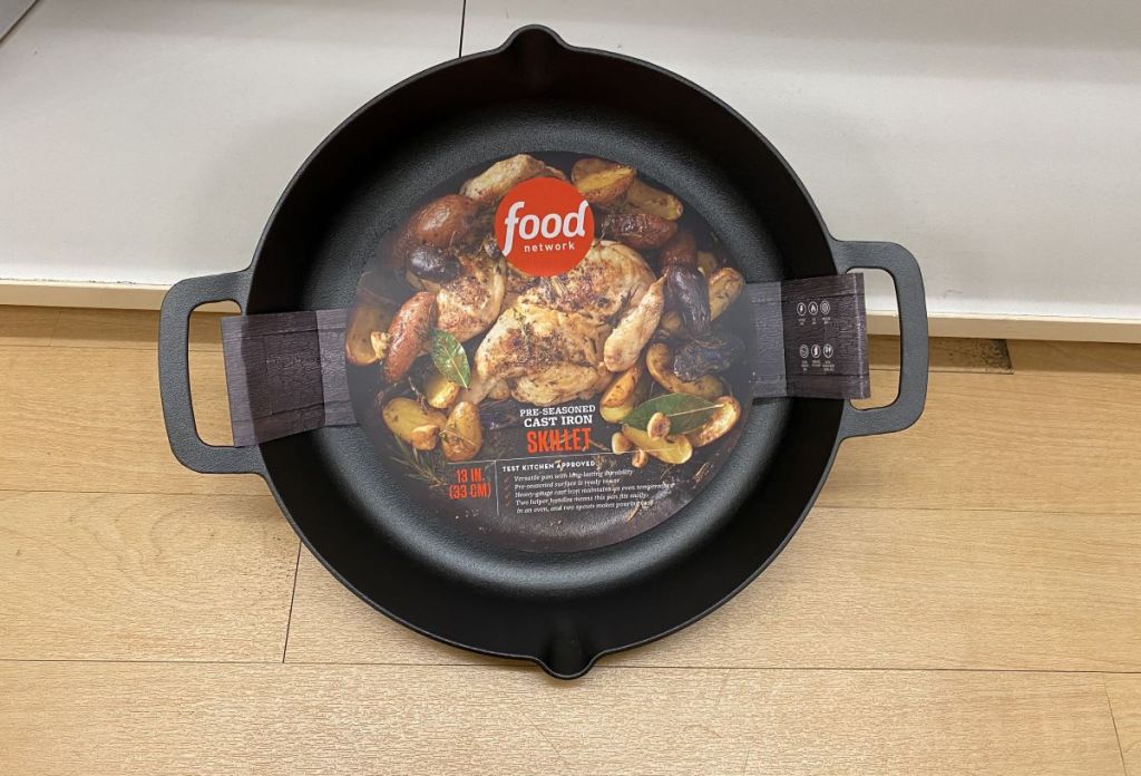 Food Network skillet in front of a shelf