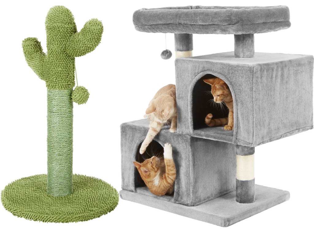 green cactus shaped cat tree and grey tree with two condos and bed at top level